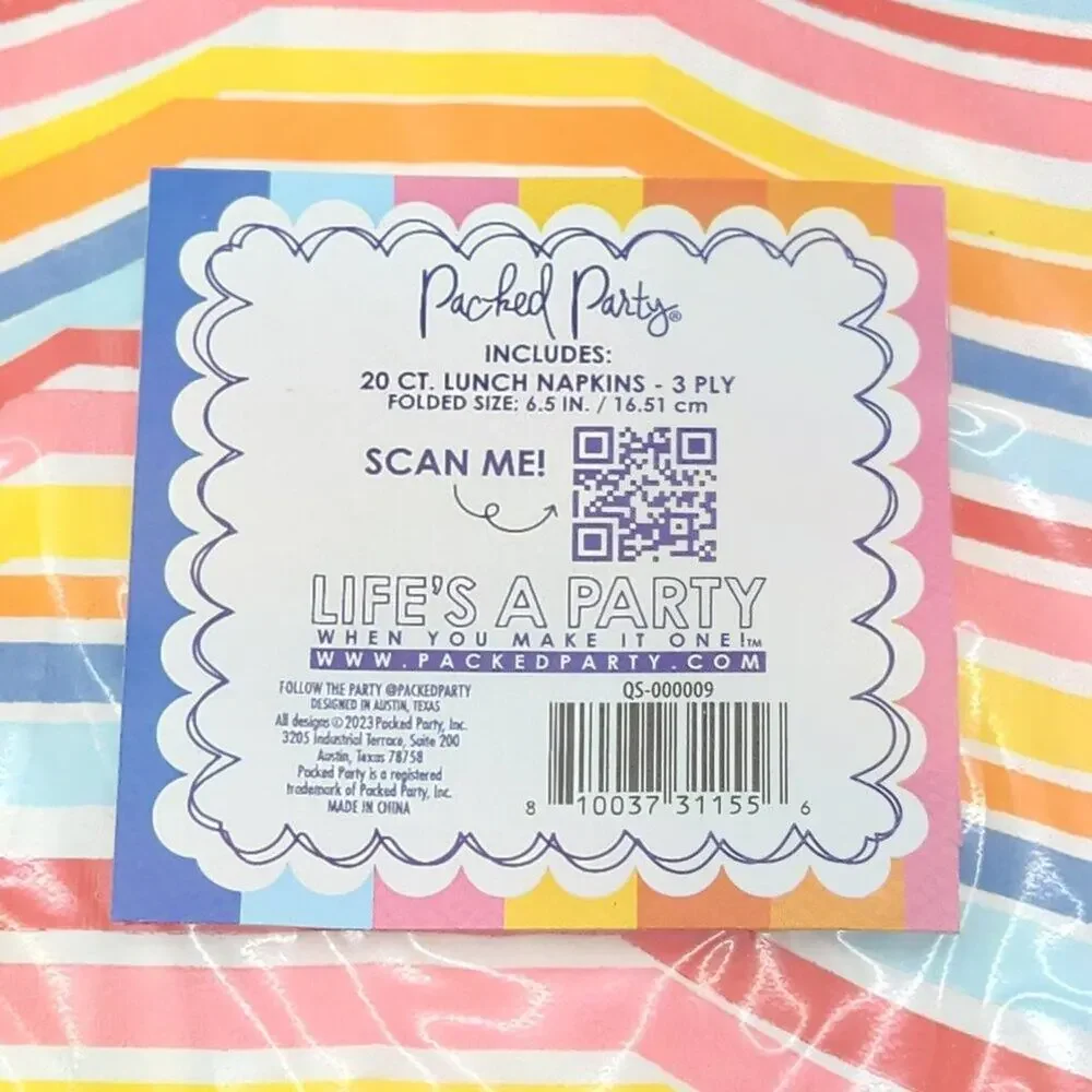 Packed Party “Party Time” Napkins 20ct 3‑Ply 6.5in Rainbow Foil Scallop
